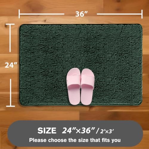 Dark Green Bathroom Rugs – Absorbent and Washable Bath Mat, Non-Slip, Thick Soft Chenille Bath Rugs for Bathroom Floor, Shower, Sink - 24" x 36"