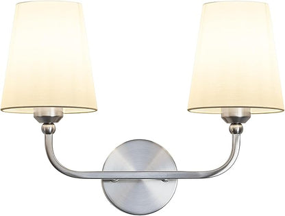 Bathroom Vanity Light Brushed Nickel Bathroom Lighting Fixtures Over Mirror | 2-Light Bathroom Light Fixtures with Flared White Fabric Shade, E26 Socket (ETL Listed)
