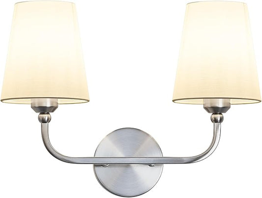 Bathroom Vanity Light Brushed Nickel Bathroom Lighting Fixtures Over Mirror | 2-Light Bathroom Light Fixtures with Flared White Fabric Shade, E26 Socket (ETL Listed)