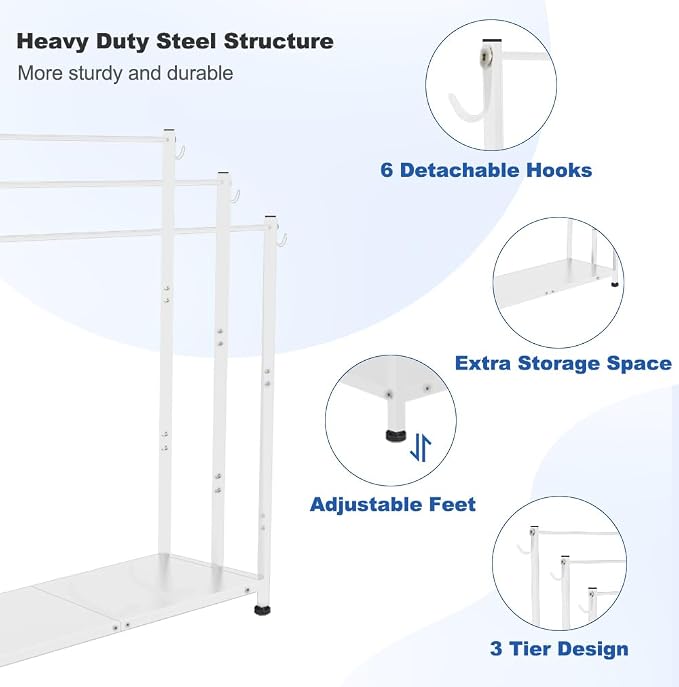 Extra Large Free Standing Towel Rack, White | 3 Tiers Heavy Duty Blanket Drying Stand Holder with Metal Storage Shelf & 6 Hooks for Bathroom, Pool, Bedroom, Living Room