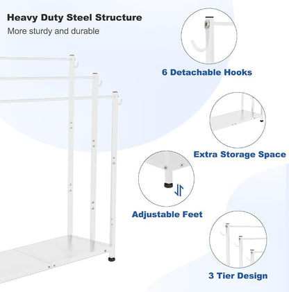 Extra Large Free Standing Towel Rack, White | 3 Tiers Heavy Duty Blanket Drying Stand Holder with Metal Storage Shelf & 6 Hooks for Bathroom, Pool, Bedroom, Living Room