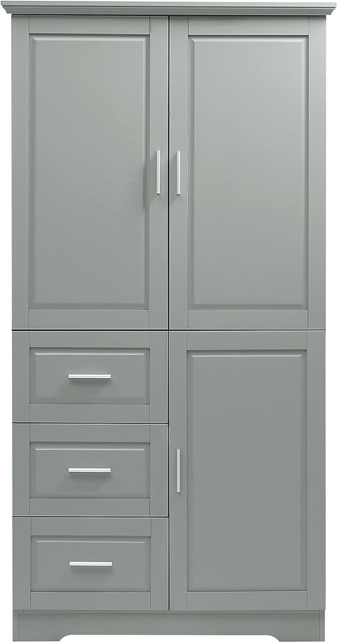 Merax 62.2" Pantry Cabinet with Three Doors & Three Drawers, Adjustable Shelves Storage Cupboard for Kitchen/Dining Room/Bathroom, Gray