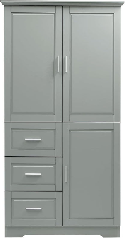 Merax 62.2" Pantry Cabinet with Three Doors & Three Drawers, Adjustable Shelves Storage Cupboard for Kitchen/Dining Room/Bathroom, Gray