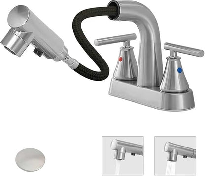 FRANSITON Bathroom Faucets with Pull Out Sprayer, 4 Inch Brushed Nickel Bathroom Faucet 3 Hole, 2 Handle Pull Down Sprayer Bathroom Sink Faucet with 360 Swivel Spout (Brushed Nickel)