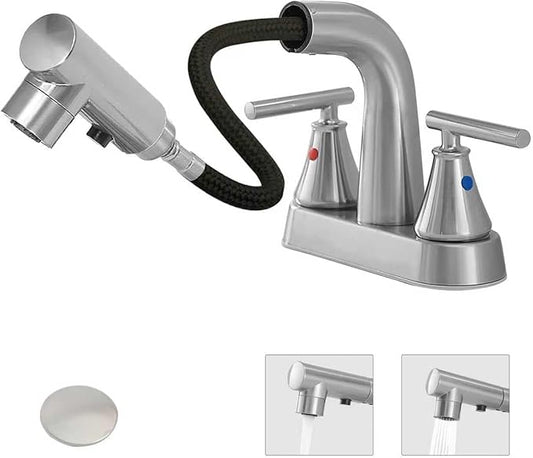 FRANSITON Bathroom Faucets with Pull Out Sprayer, 4 Inch Brushed Nickel Bathroom Faucet 3 Hole, 2 Handle Pull Down Sprayer Bathroom Sink Faucet with 360 Swivel Spout (Brushed Nickel)