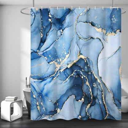 Blue Marble Shower Curtain, Modern Abstract Luxury Blue Gold Ink Texture Watercolor Art Bathroom Curtains Ombre Machine Washable Waterproof Fabric Bathtub Curtain Set with Hooks 60" Wx72 L