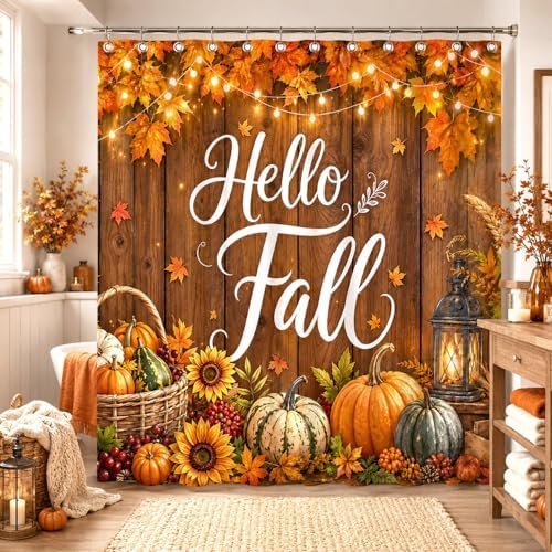 Fall Shower Curtain, Autumn Pumpkin Maple Leaves Sunflower Harvest Bathroom Curtain, Farmhouse Rustic Country Wood Waterproof Polyester Fabric Shower Curtain with Hooks, 72x72 Inch