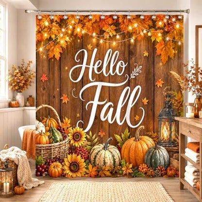 Fall Shower Curtain, Autumn Pumpkin Maple Leaves Sunflower Harvest Bathroom Curtain, Farmhouse Rustic Country Wood Waterproof Polyester Fabric Shower Curtain with Hooks, 72x72 Inch