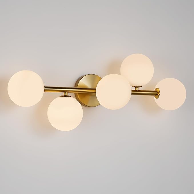 Gold Bathroom Vanity Light Fixtures,5 Lights Mid Century Modern Wall Sconce | Milk Glass Globe Wall Sconce Lighting,Modern Brushed Gold Brass Champagne Bronze Bathroom Vanity Light over Mirror,G9 Base