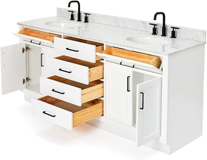 ARIEL Hepburn 72-inch Bathroom Vanity with Sink,Solid Wood, 0.75-inch Italian Carrara Marble Countertop & Backsplash, Double Oval Porcelain Sink, 4 Soft Closing Doors, 6 Dovetail Drawers, White