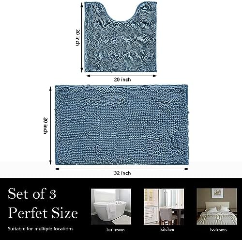 Bathroom Rugs Chenille Bath mat 2 Piece Set, Super Absorbent, Strong PVC Non Slip Backing, Bath mats for Bathroom, Plush Shaggy, Thick, Machine Washable, Bathtub, Toilet .(Medium Blue)