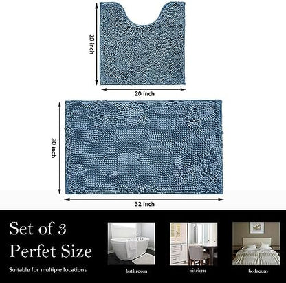Bathroom Rugs Chenille Bath mat 2 Piece Set, Super Absorbent, Strong PVC Non Slip Backing, Bath mats for Bathroom, Plush Shaggy, Thick, Machine Washable, Bathtub, Toilet .(Medium Blue)