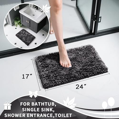 Yimobra Chenille Bathroom Rugs Non Slip, Extra Thick Soft Absorbent Bath Rug, Machine Washable Quick Dry Bath Mat for Bathroom Floor, Tub and Shower, Home Decor Accessories, 24x17, Dark Grey