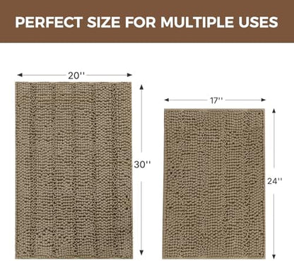 Bcoimo Bath Rugs Mat Set,2 Piece Non Slip Chenille Latte Bathroom Mat Sets