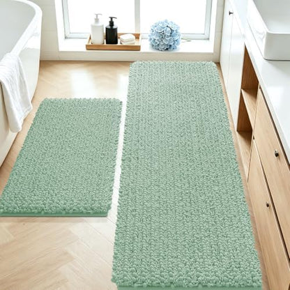 ACCUMTEK Upgrade Luxury 2 Piece Sage Green Toilet Bathroom Rug Mat 60"x20"+32"x20", Ultra Soft Thick Absorbent Bath Mats, Non Slip Chenille Toilet Mat for Bathroom, Bedroom, Kitchen, Shower, Tub