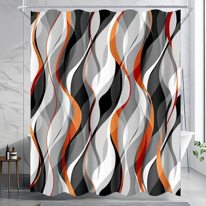 Orange and Grey Shower Curtain for Bathroom - Modern Abstract Striped Minimalist Fabric Bath Curtain Set, Waterproof, Black Gray Orange, 72 x 72 Inch