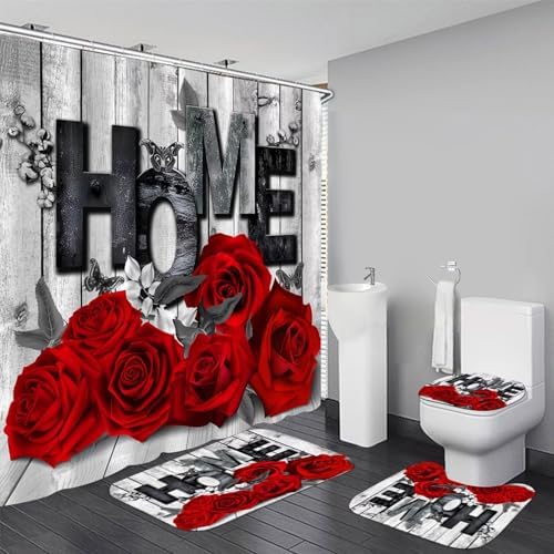 Yddsky 4 Pcs Red Rose Shower Curtain Set with Rugs Bathroom Set