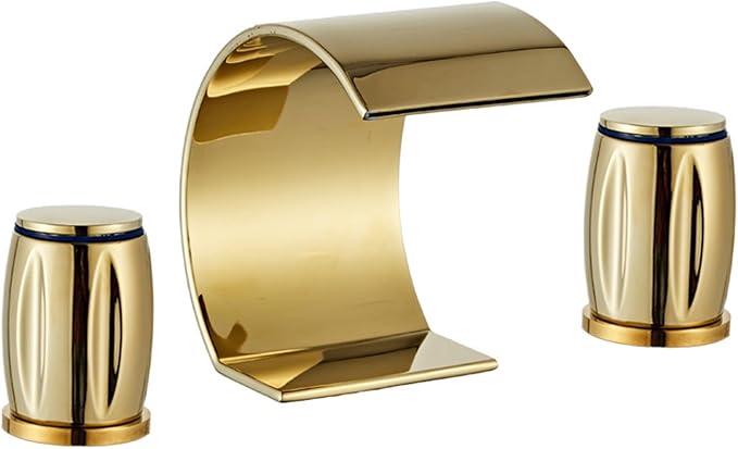 3 Hole Basin Mixer Faucet Waterfall Hot and Cold Water Brass 2 Handles 3 Hole Bathroom Faucets-Gold