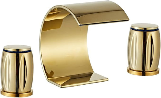 3 Hole Basin Mixer Faucet Waterfall Hot and Cold Water Brass 2 Handles 3 Hole Bathroom Faucets-Gold