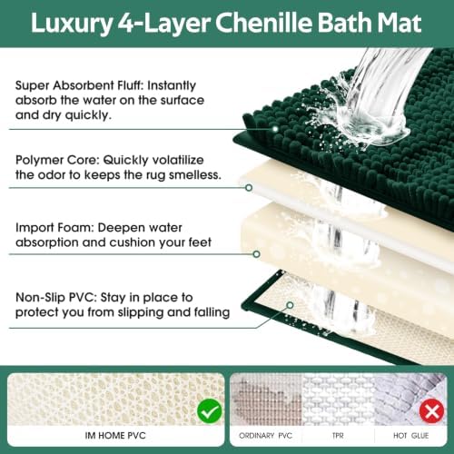 Christmas Striped Deep Green Bathroom Rug Mat Set 2 piece 32"x20"+24"x17" Ultra Soft, Non Slip Chenille Bath Rugs, Absorbent Plush Shaggy Bath Mats for Bathroom, Bedroom, Kitchen, Shower, Tub