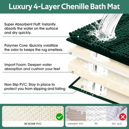 Christmas Striped Deep Green Bathroom Rug Mat Set 2 piece 32"x20"+24"x17" Ultra Soft, Non Slip Chenille Bath Rugs, Absorbent Plush Shaggy Bath Mats for Bathroom, Bedroom, Kitchen, Shower, Tub