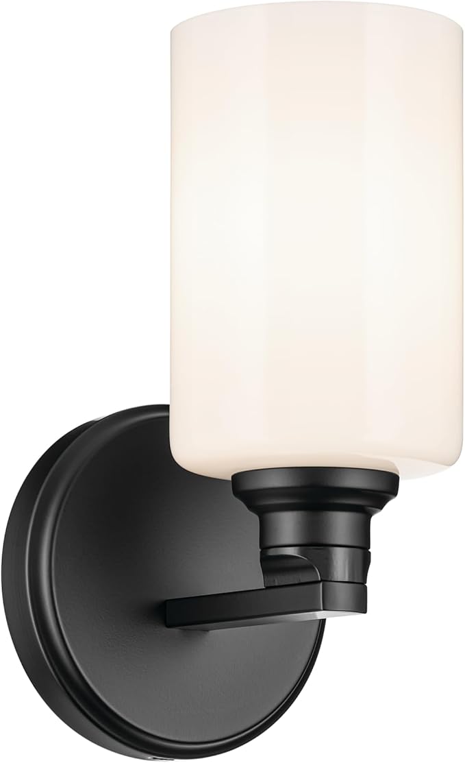 Kichler Gioe 5" 1-Light Wall Sconce with Opal Glass in Black, Damp Rated, for Powder Room, Bathroom, Kitchen, Hallway, Bedroom, Fireplace, (5" W x 9.5" H), 55224BK