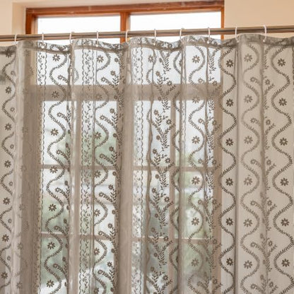 WAZZIO Taupe Lace Shower Curtain for Bathroom 72" W x 72" L, Victorian Farmhouse Floral Pattern Tassel Fancy Shower Curtain Boho Washable Cloth Decorative Bath Curtains,1 Panel