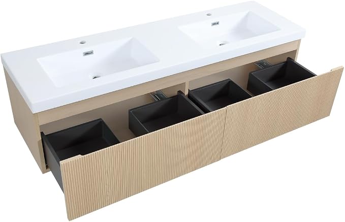 60 Inch Floating Bathroom Vanity with Double Sinks, Wall-Mounted Striped Storage Cabinet with Soft-Close Drawer, Glossy White Solid Surface Basin, Fully Assembled, Natural Oak Finish