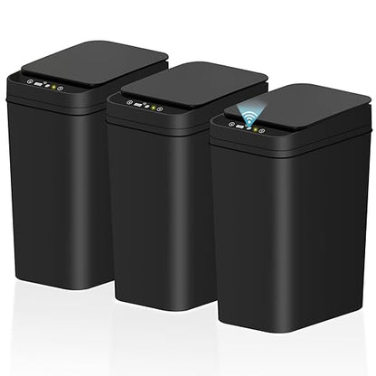Bathroom Small Trash Can with Lid, Automatic Garbage Can, 2.6 Gallon | 3 Pack Touchless Slim Waterproof Motion Sensor Smart Trash Bin for Bedroom, Office, Living Room-Black