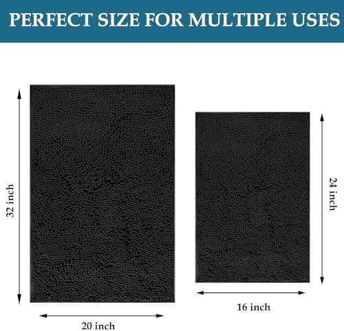 Black Bathroom Rugs Non Slip Bath Rugs Set 2 Piece, Bath Mats for Bathroom, Thick Soft Chenille Rug Set, Bathtub Mat, Ultra Absorbent Bath Carpet, Shaggy Bathrooms Carpet Sets