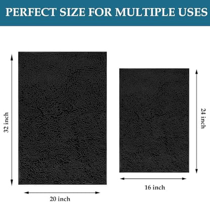 Black Bathroom Rugs Non Slip Bath Rugs Set 2 Piece, Bath Mats for Bathroom, Thick Soft Chenille Rug Set, Bathtub Mat, Ultra Absorbent Bath Carpet, Shaggy Bathrooms Carpet Sets