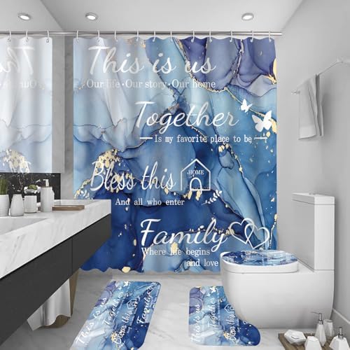 4Pcs Family Marble Shower Curtain Sets with Rugs
