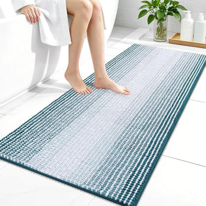 OLANLY Bathroom Runner Rugs 44x24, Chenille Striped Bath Rugs, Peacock Blue