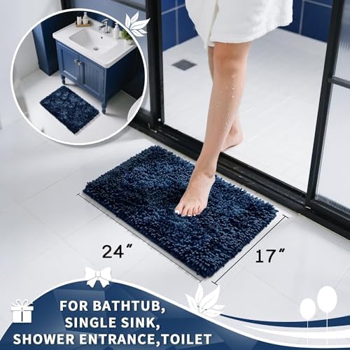 Yimobra Chenille Bathroom Rugs Non Slip, Extra Thick Soft Absorbent Bath Rug, Machine Washable Quick Dry Bath Mat for Bathroom Floor, Tub and Shower, Home Decor Accessories, 24x17, Blue