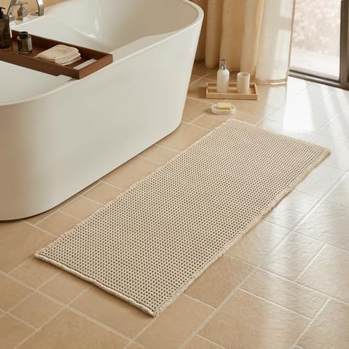 Triohero Waffle Runner Rug Bathroom, Long Boho Bath Mat, 24x60 Pale Beige