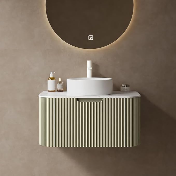 30'' Bathroom Vanities Cabinet with Sink Combo, Wall Mounted Floating Cabinet W/Curved Edges Stripes, Oak Plywood, Soft-close System with a Drawer, White Round Ceramic Basin - Kiel, Light Green