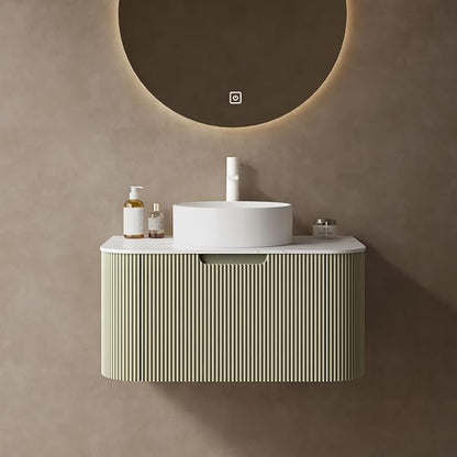 30'' Bathroom Vanities Cabinet with Sink Combo, Wall Mounted Floating Cabinet W/Curved Edges Stripes, Oak Plywood, Soft-close System with a Drawer, White Round Ceramic Basin - Kiel, Light Green
