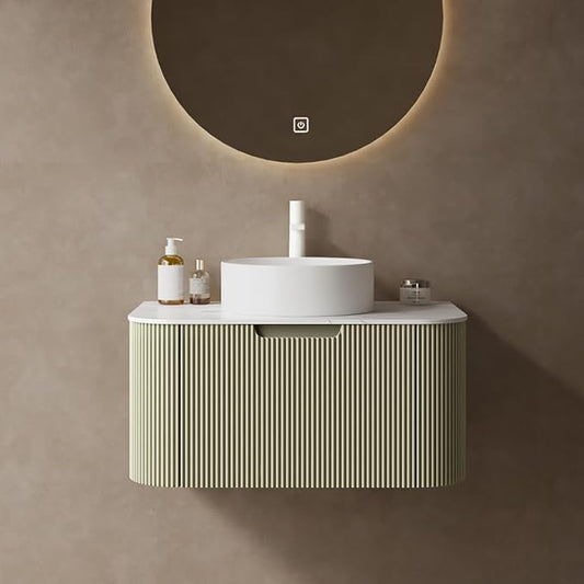 30'' Bathroom Vanities Cabinet with Sink Combo, Wall Mounted Floating Cabinet W/Curved Edges Stripes, Oak Plywood, Soft-close System with a Drawer, White Round Ceramic Basin - Kiel, Light Green