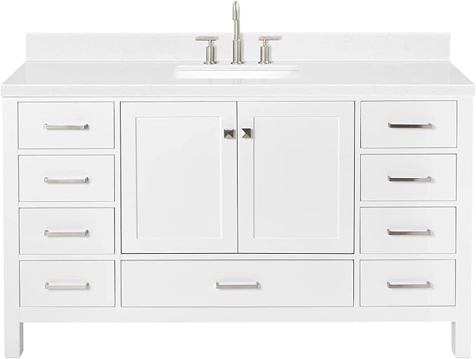 ARIEL Cambridge 60-inch Bathroom Vanity with Sink,Solid Wood, 1.5-inch Carrara White Quartz Countertop, Single Rectangular Porcelain Sink, 2 Soft Closing Doors, 9 Dovetail Drawers, White
