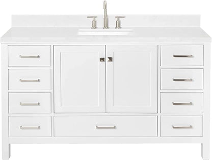 ARIEL Cambridge 60-inch Bathroom Vanity with Sink,Solid Wood, 1.5-inch Carrara White Quartz Countertop, Single Rectangular Porcelain Sink, 2 Soft Closing Doors, 9 Dovetail Drawers, White