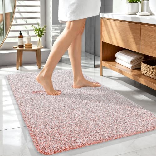 OLANLY Microfiber Bathroom Rugs 44x32, Quick Dry Bath Mat, Coral and White
