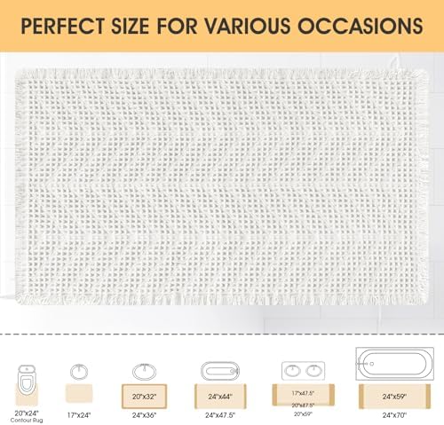 Upgrade Waffle Bath Mat, Boho Bathroom Rugs Absorbent Non Slip, Ultra Soft Bathroom Mat, Machine Washable Knit Bath Rugs with Herringbones for Bathroom, Bedroom, Kitchen, Shower, Tub, 36"x24", White