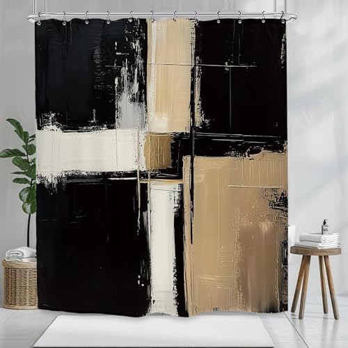 Abstract Modern Neutral Shower Curtain 60Wx72L Inch Black Tan Minimalist Contemporary Art Brush Stroke Painting Bathroom Set Accessories Decor with 12 Pack Hooks