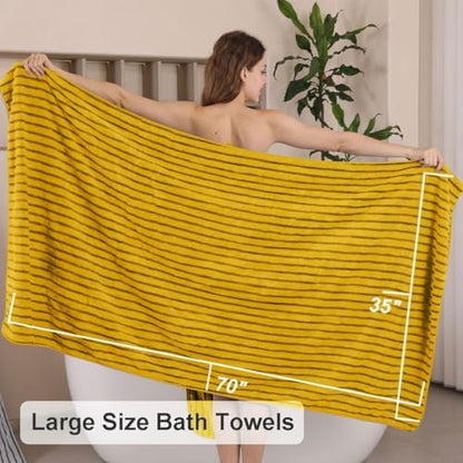 4 Pcs Yellow Cabana Stripe Large Bath Sheets Soft Polyester Bathroom Towels
