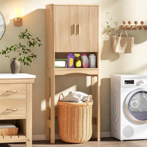 Vabches Farmhouse Over Toilet Storage Cabinet with 2 Fluted Doors,Natural