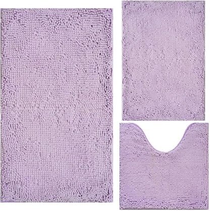 Bathroom Rugs Chenille 3-Piece Extra Soft and Absorbent Shag Bathroom Rugs, Machine Wash Mat, Strong PVC Non-Slip Underside, Plush Carpet Mats, Lavender