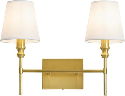Bathroom Light Fixtures Over Mirror,Brush Brass Vintage Wall Sconces, 2-Light Bathroom Vanity Light With Flared White Fabric Lampshade For Bedroom,Living Room,Hallway,Foyer,Hardwired, E12 Base