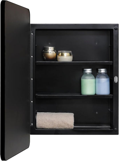 Fundin Plastic Black Medicine Cabinet, Mirror Door with Round Corner Metal Frame, Recessed and Surface Mount Bathroom Medicine Cabinet, 16 x 22 inch Mirror Size