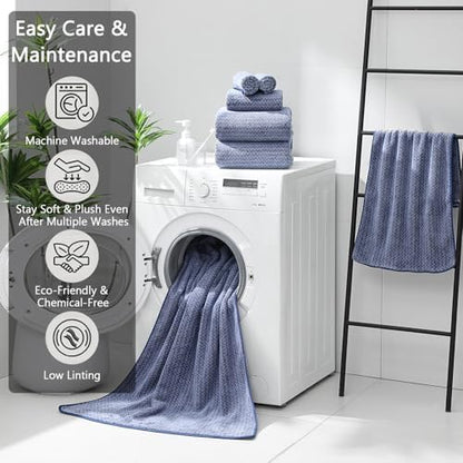 Ycosy 18 Piece Bath Towels Set,100% Microfiber Family Bathroom Towel with Hanging Loops-6 Bath Towels,6 Hand Towels,6 Washcloths,Quick Dry Highly Absorbent Shower Towel for Bathroom,Hotel,Spa-Navy
