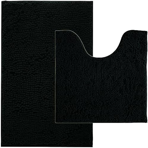 BOANKODU Bathroom Rugs Sets 2 Piece, Absorbent Bath Mat for Bathroom Very Soft Chenille Non-Slip, 32x20 Inch + 20x20 Inch U Shape Bathroom Mat, Machine Washable Bath Rugs (Black)